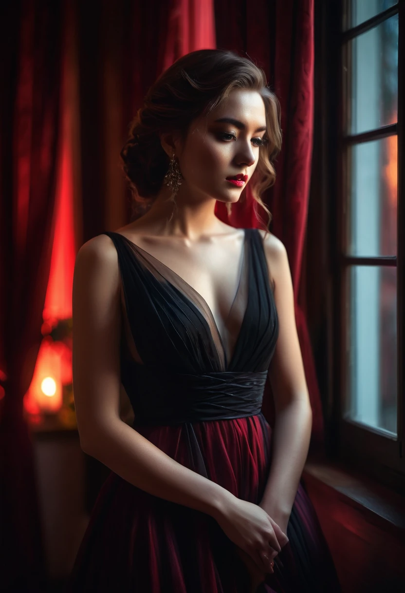 closeup shot, woman in a dress standing in front of a window, romanticism, in evening gown, flowing gown, wearing a flowing dress, mysterious woman, haunting beautiful young woman, wearing a black flowing dress, flowing dress, woman in dress, extremely moody red lighting, 