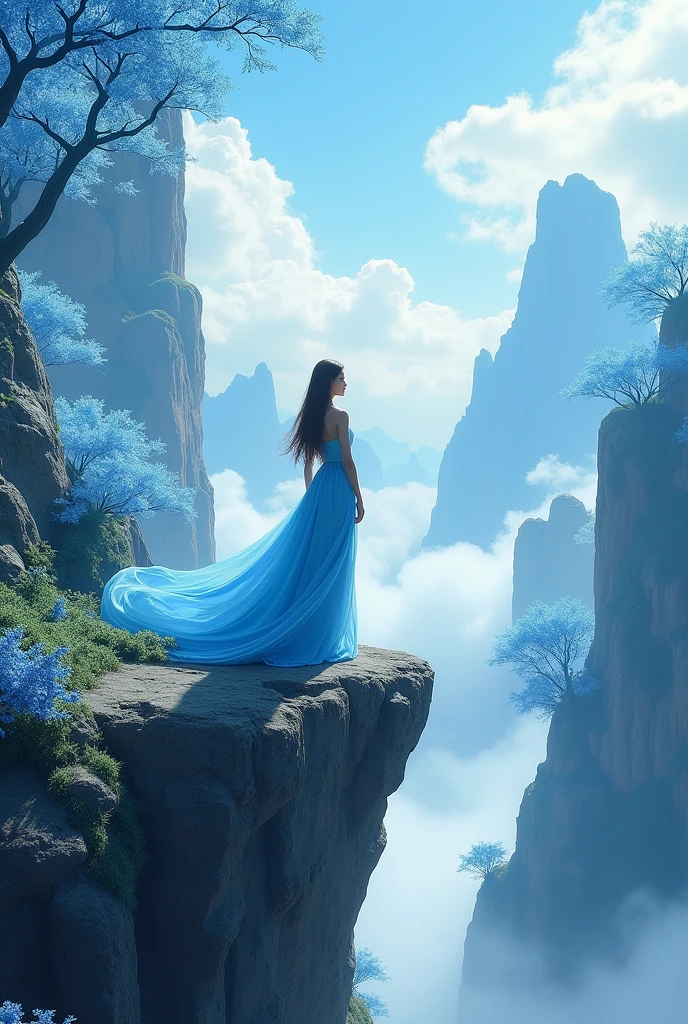 (photorealism:1.2), beautiful woman, standing at the cliff, wearing blue dress, surrounded by floating mountains and trees with blue leaf, sky having clouds