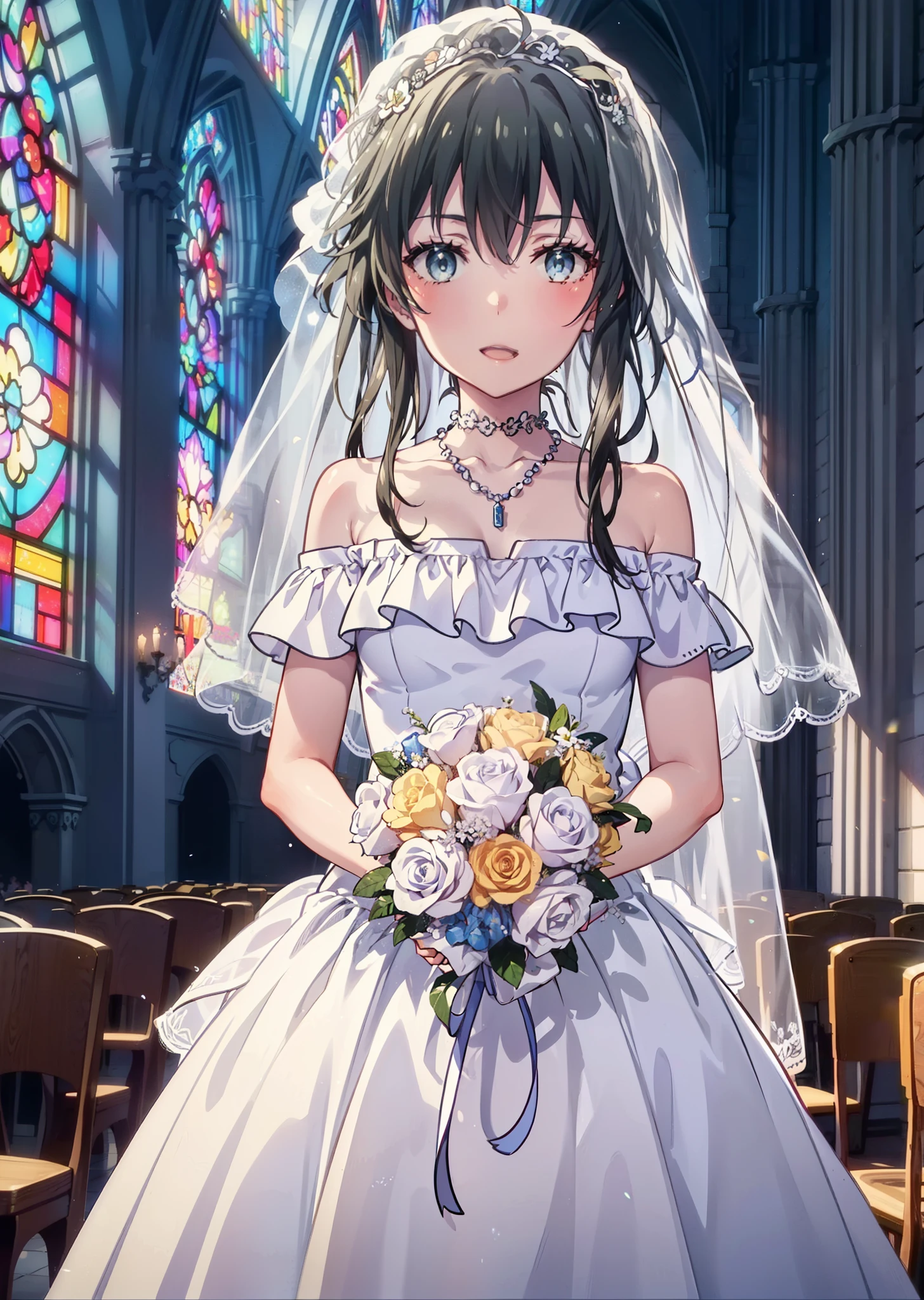 Yukino, yukino yukinoshita, Black Hair, blue eyes, semi-long,Ahoge,smile,blush,Open your mouth,off the shoulder white wedding dress,necklace,Bare shoulders,bare clavicle,Bare neck,wedding long skirt,Veil,bouquet,Holding a bouquet in both hands,Stained glass,whole bodyがイラストに入る,　　　　　　　　　　　break indoors, Chapel,Association,
break looking at viewer, whole body,(Cowboy Shot:1.5),
break (masterpiece:1.2), Highest quality, High resolution, unity 8k wallpaper, (figure:0.8), (Beautiful attention to detail:1.6), Highly detailed face, Perfect lighting, Highly detailed CG, (Perfect hands, Perfect Anatomy),