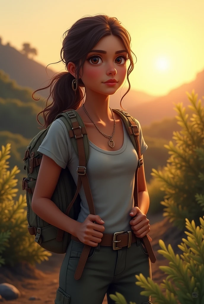 Maya determinedly preparing for an adventure in the evening light."