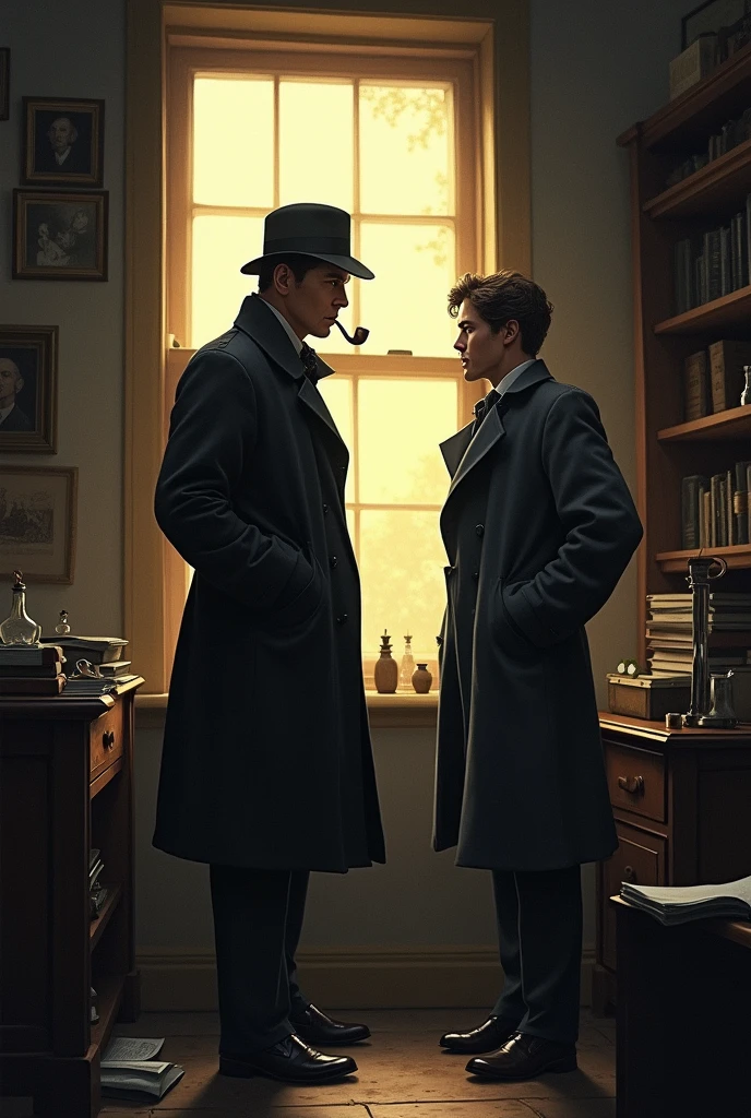 Sherlock Holmes un detective, standing by the window of his study, pensive and with a pipe in his hand. Watson is at his side, Ready to go. A look of determination on Holmes&#39; face as he prepares for the investigation.



