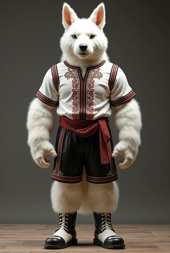 I want the mascot to be white and to be dressed in the most beautiful German shirt available and for him to have 1,75 meters tall and wear a white and black boot
