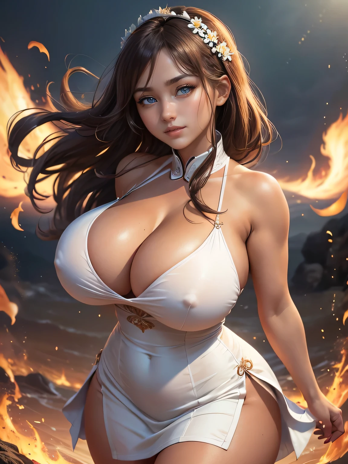 Highly detailed CG unit 8K wallpaper, masterpiece, High resolution, highest quality, highest quality real texture skin, Super Real, Digital Painting, Best image quality, 最High resolution, 8K, (((1 girl))), Very beautiful teenager, ((Highly detailed eyes and face)), Beautiful eyes in every detail, Full Body Shot, breast pocket, collared dress, short dress, short sleeves, thighs, white dress, chinese style embroidery, disproportionate breasts, huge breasts, (sideboobs), ((sagging breasts:1.5, gigantic breasts, Cleavage:1.5, curvy, erect nipple, ,((tanned skin)), smile, grin, Strong winds, typhoon, light brown hair,