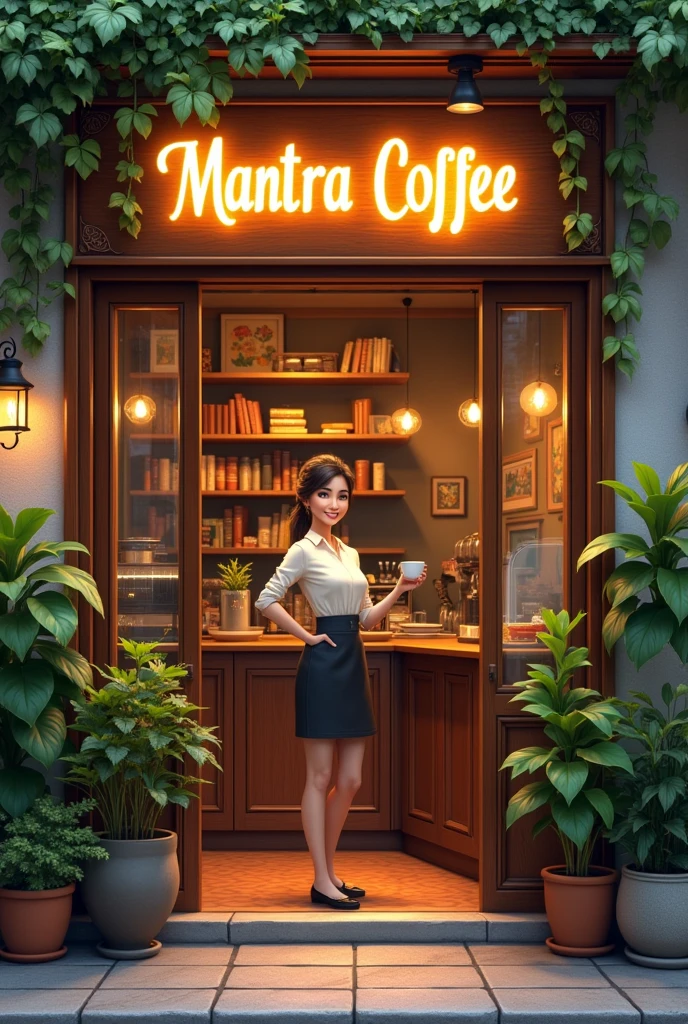 Entrance to a cafe with a sign that says mantra coffee, illuminated, with plants, books, paintings. At the entrance a female Barista with a cup of coffee in her hand and a smile on her face. He addresses the audience with enthusiasm.