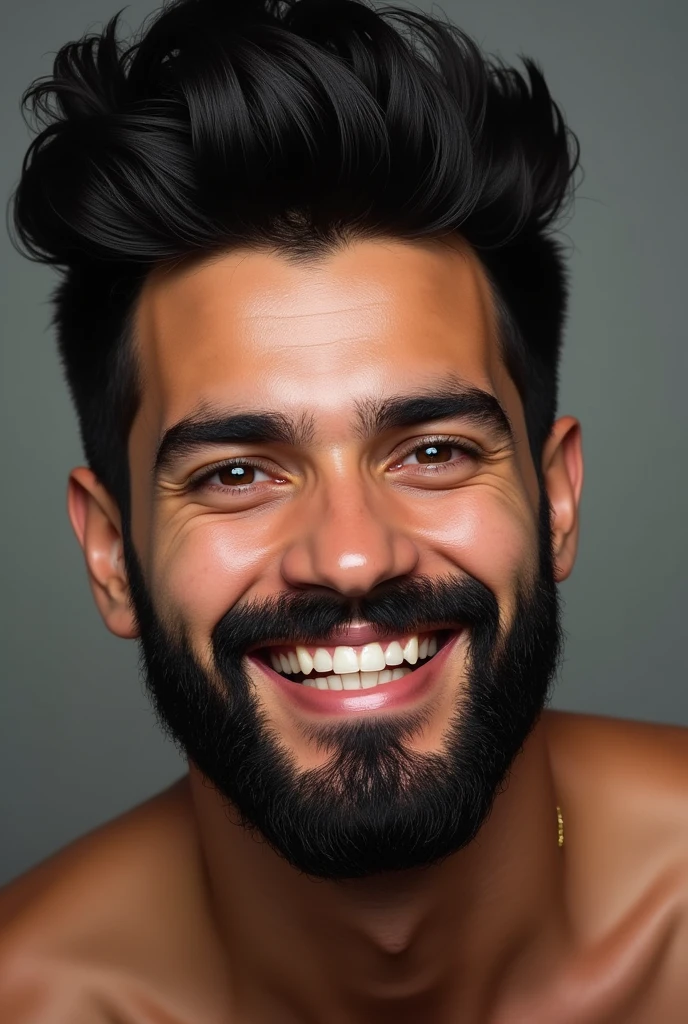 Sosia do gustavo lima hair with a pompadour, a thick beard and a wide white smile 
