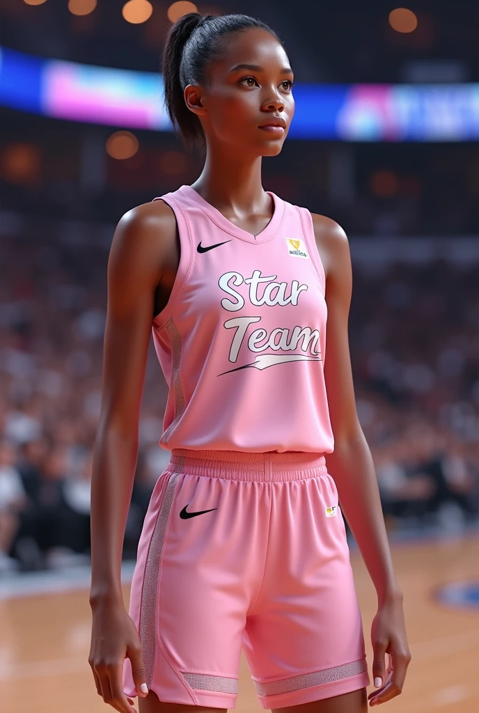 Basketball uniform with the name STAR TEAM that is pastel pink, make it elegant 

