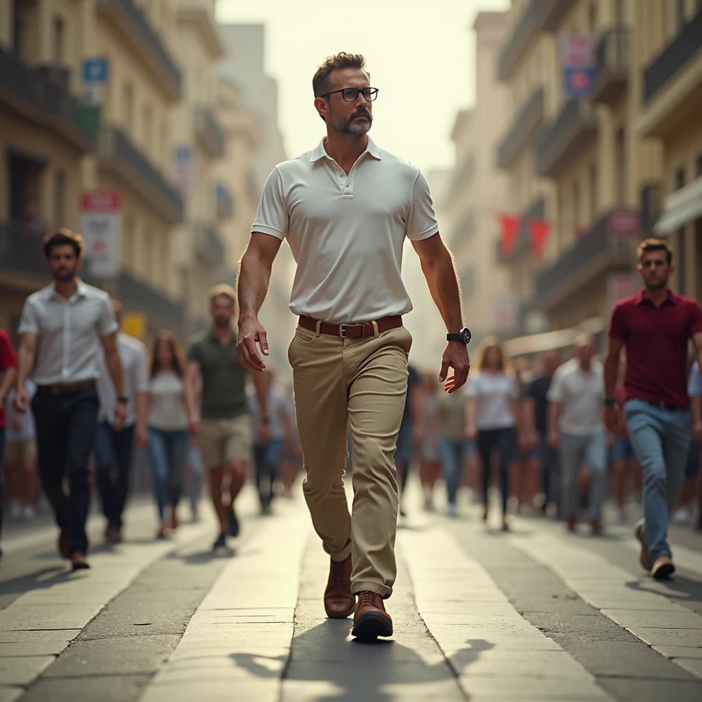 Man in white polo t-shirt, beige pants, brown shoes, belt, walking through crowded street, pedestrians crossing in background, composition embracing dynamic urban life, ultra realistic, cinematic.