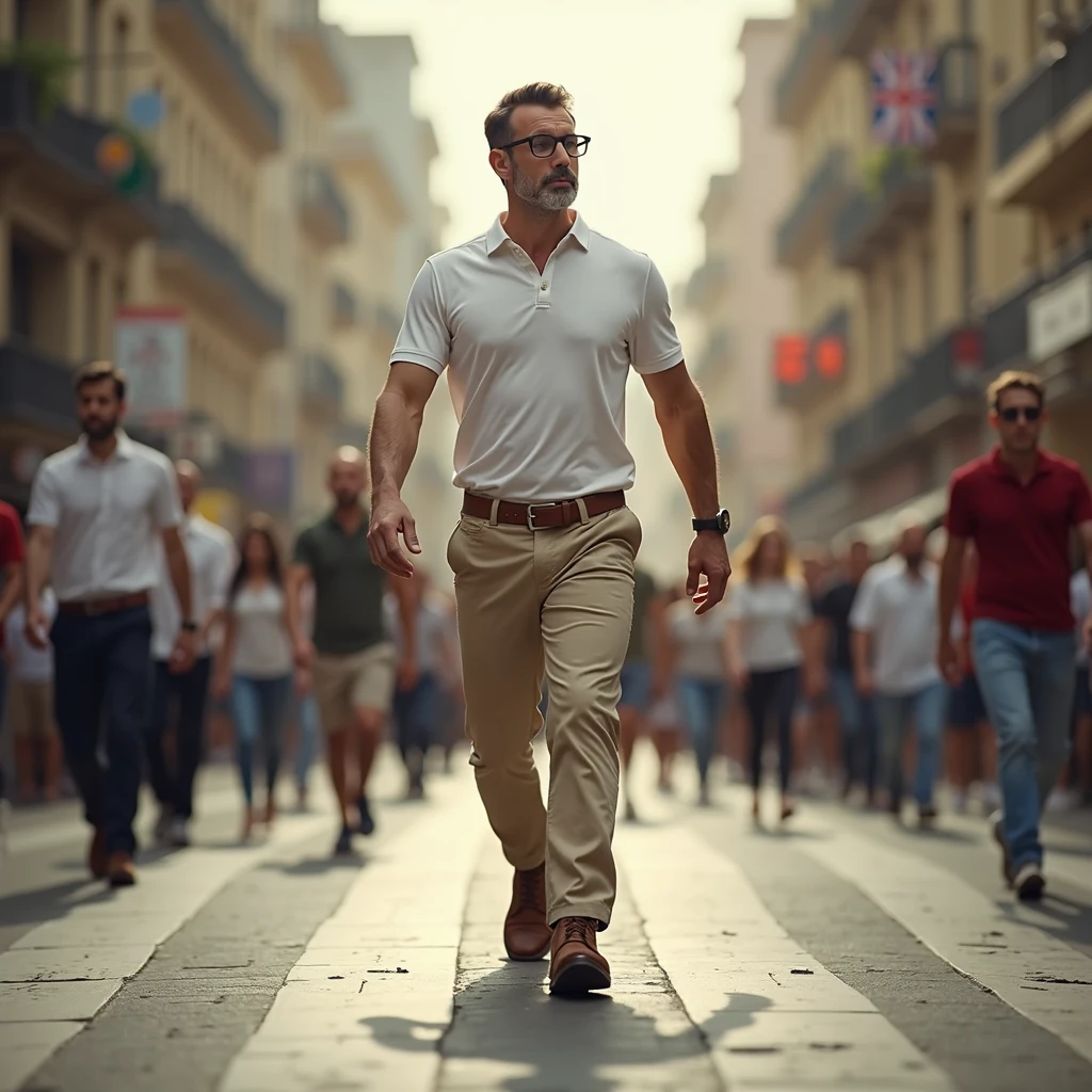 Man in white polo t-shirt, beige pants, brown shoes, belt, walking through crowded street, pedestrians crossing in background, composition embracing dynamic urban life, ultra realistic, cinematic.