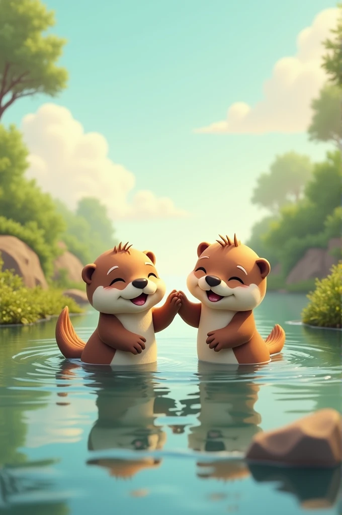 Two otters holding each other's paws while floating in the water