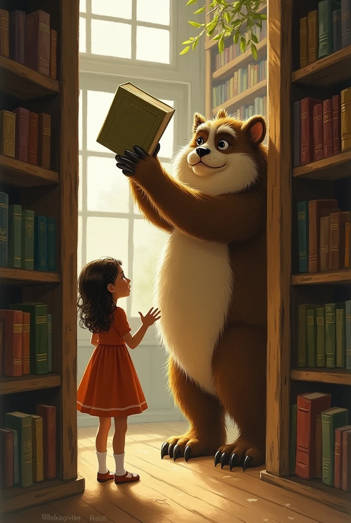Create an image for story books
As she peeked through the fence, Ellie saw a large, furry creature struggling to reach a book on a high shelf.can make that sense in library