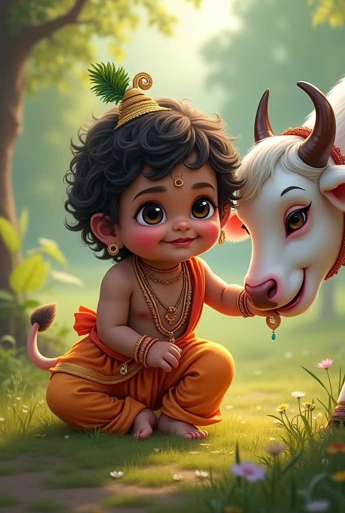God Krishna age of 1 year old cute boy smiling playing with a cow