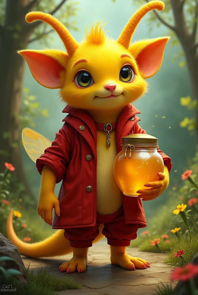 Yellow skin, red clothes, holding honey