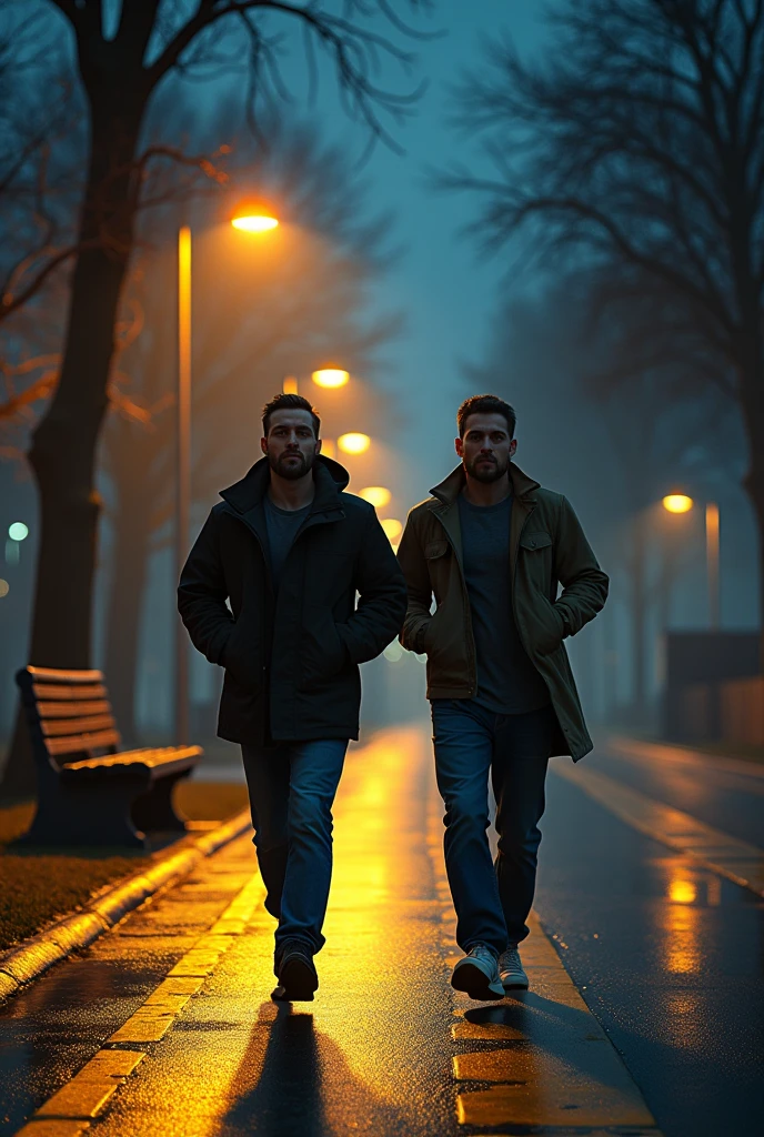 A picture with small darkness but colours,with street lamp with medium yellow lightning and a clean road after rain with yellow strips and a old park bantch with highest quality and a 2 medium healthy man running at road wearing a overfit coat and a loosefit jiens