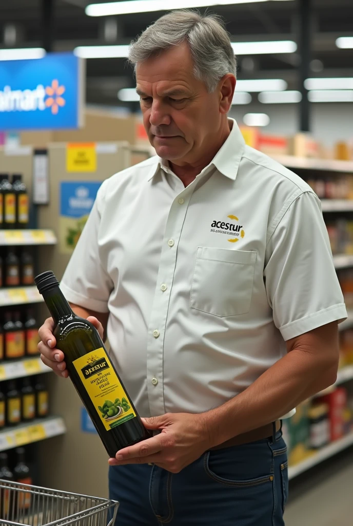 image of a man in a white shirt, buying olive oil at a wallmart, On the shirt it says "Acesur", On the bottle it says "Extra Virgin".