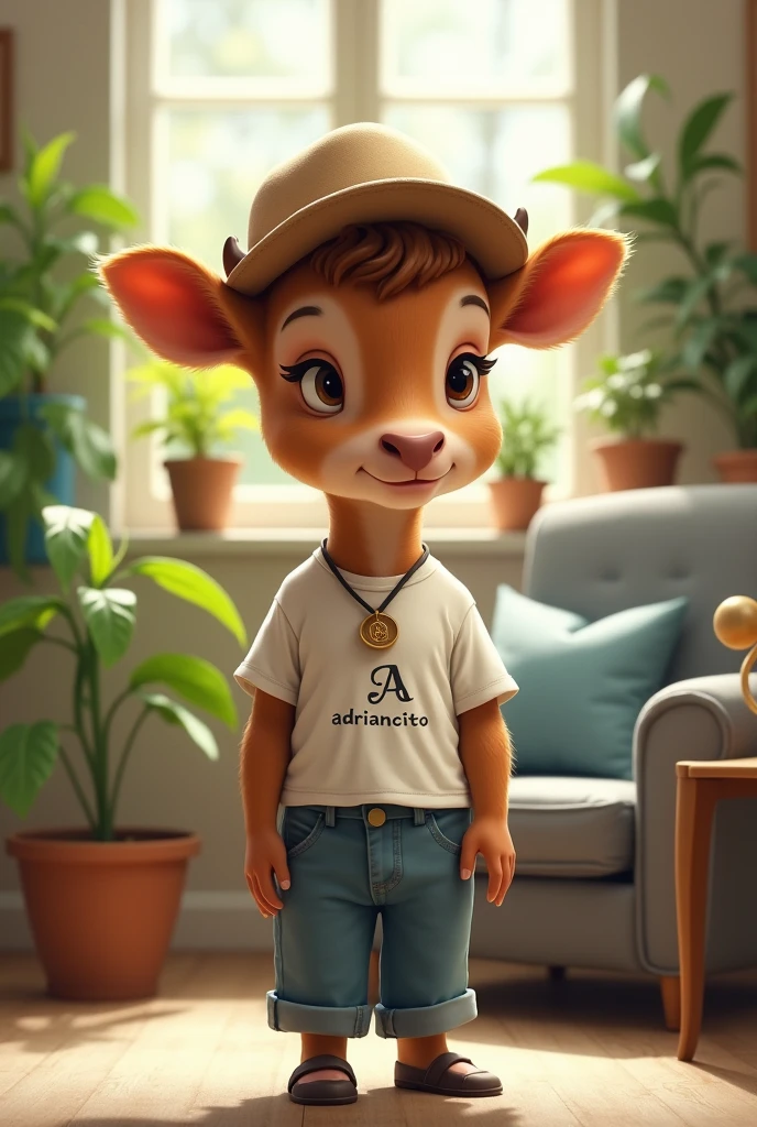 Cute brown calf with hat on head, standing in a living room with grey furniture and bright lights, necklace with initial A, Loose white t-shirt with a print in the center that says Adriancito, long blue pants, interior, soft light, relaxed pose, Plants in the background, realist, warm colors, by Greg Rutkowski, by Alphonse Mucha