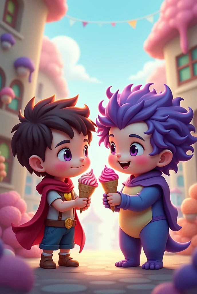 Cute little hero shares an ice cream cone with a purple-haired monster，