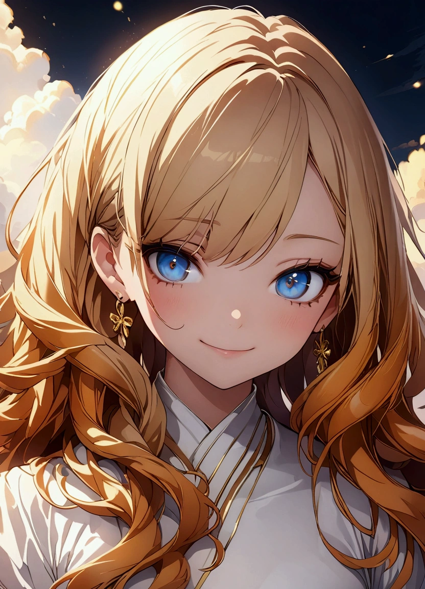 (masterpiece:1.2, best quality), (ultra-detailed), (illustration), (ultra highres), (delicate illustration), (hyper detailed), golden orange hair, gradient hair, very long hair, swept bangs, sidelocks, curly hair, wavy hair, anime, cute,, solo, smile, blue eyes, straight-on, facing forward, flat chest, head only, close up