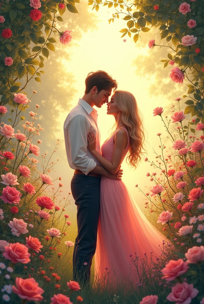 A blonde and a black-haired brown-haired couple in a flower garden