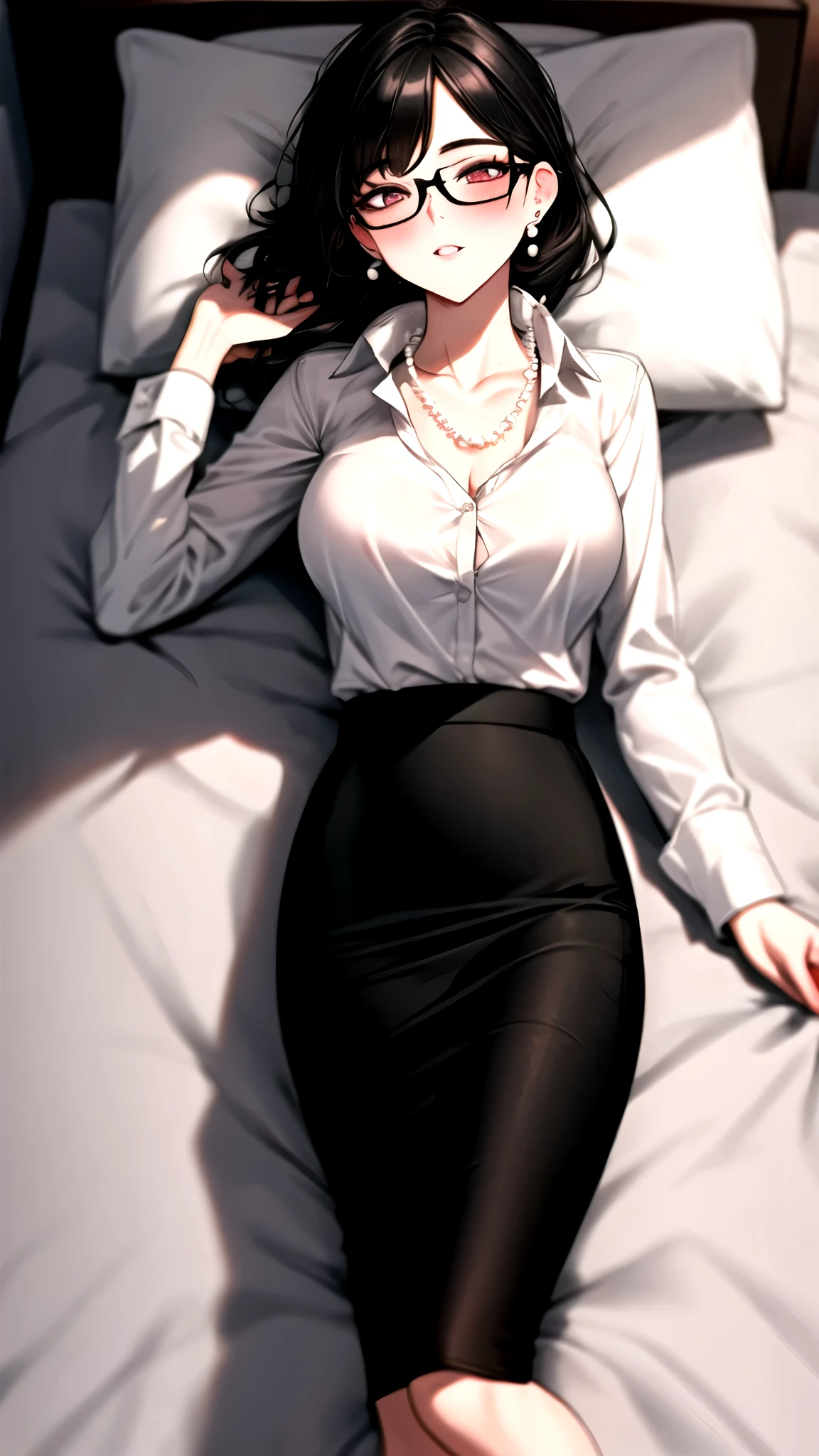((super high quality,Ultra-high resolution,4K,8k,super masterpiece,Ultra HD ,Detailed shading)),Dimly lit bedroom,Full body photo,sexy mother,Lying in bed,A white shirt with the collar turned up,Tight collar,Long sleeve,Black Pencil Skirt,Short black hair,Glasses,Embarrassing,blush,Sweaty,Pearl Earrings,Pearl Necklace,Engagement Rings,