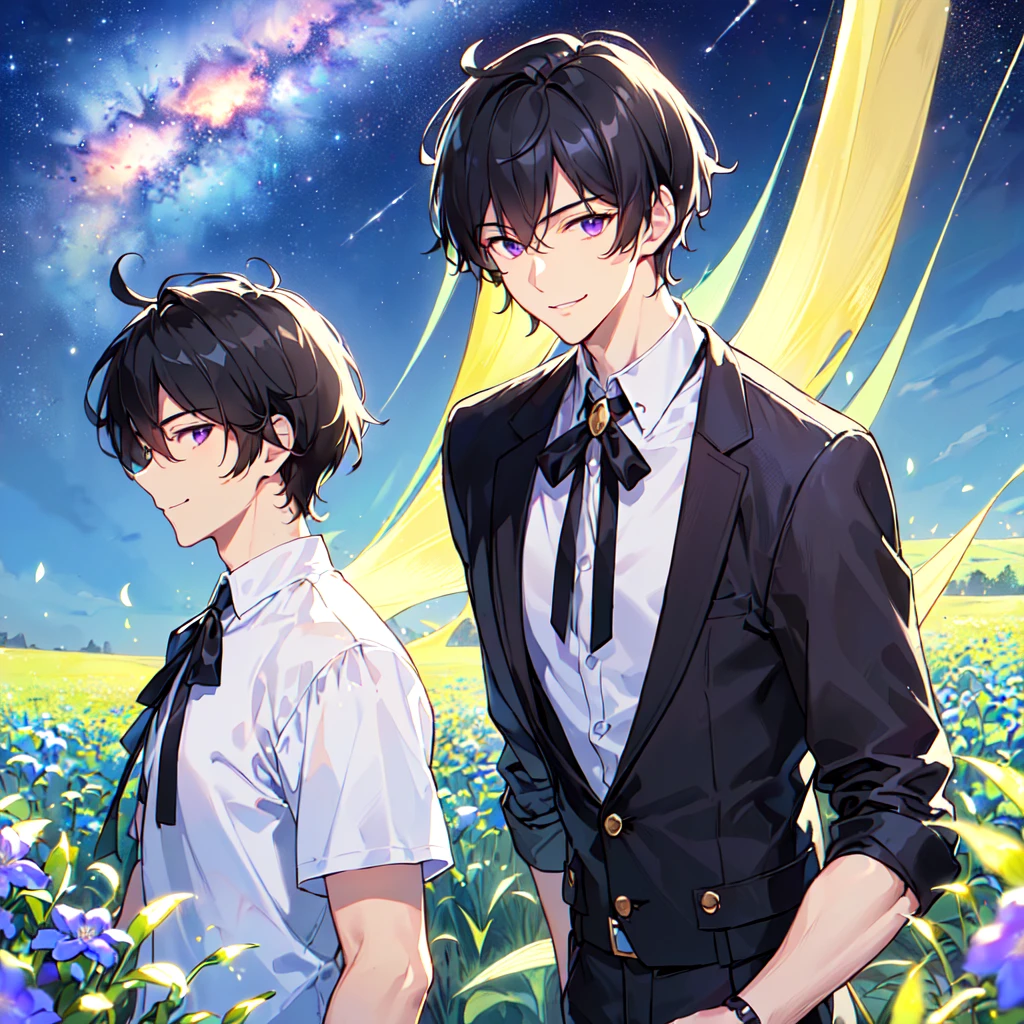 masterpiece,best quality,high quality,(1male austere handsome solo age 30 years old:1.5), purple eyes, cool with suspended eyes, V-shaped eyebrows, body strong and fearless 8.5 head tall, height 185cm, (well-groomed black short hair to neck:1.4), (bangs 7 thirds parted:1.4), slender nose, faciales, throat, (pants in dew grass summer fashion:1.3), (walking:1.3), (stylish pose), (cool smile:1.3), (upper body:1.3), (background dew grass summer flower field:1.3) , (Milky Way Night Sky:1.3)