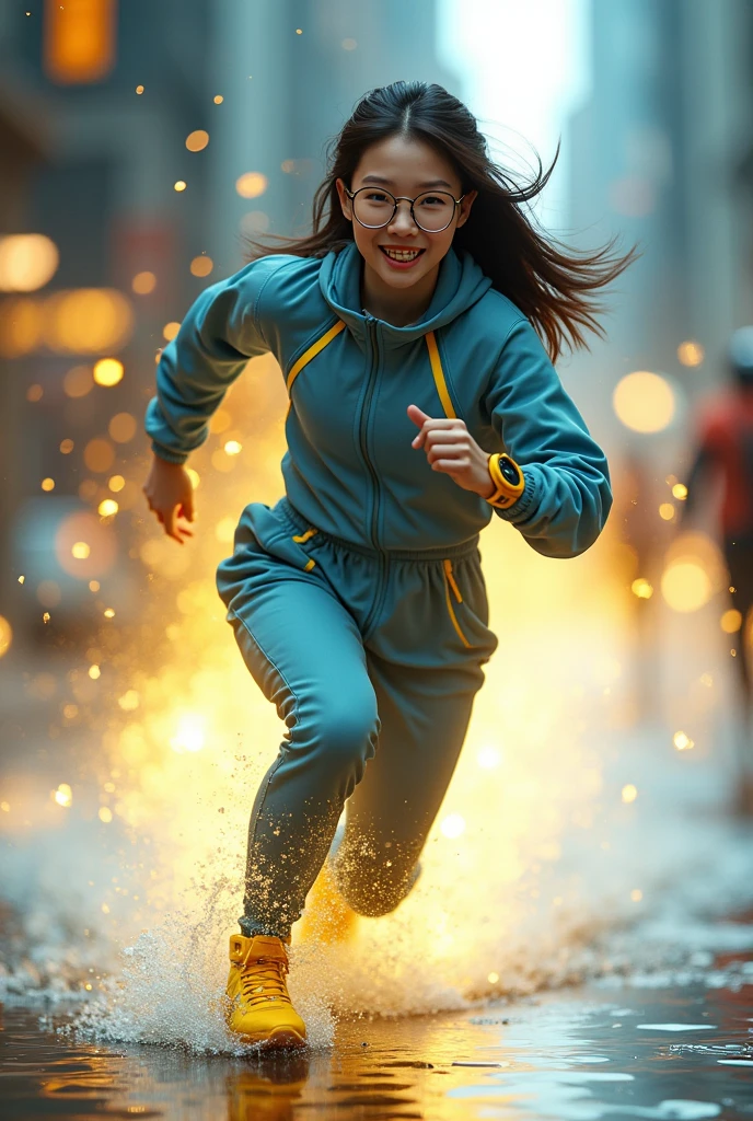 Chinese japan women average age 15 year old wear jumpasuit high tech(( blue yellow)). Running effect. Glowing yellow power. Runfast effect. Wear blue big glasses big frame.running speed of light. running athlete. Braces teeth. Bokeh background. Panning effect. Yellow high tech watch. a beautiful young chinese women, , wearing a high-tech blue and yellow loose jumpsuit,run on water, floating water bubble, photorealistic, detailed facial features, long hair, elegant pose, dynamic lighting. glowing body yellow lightning effect, 8k, award-winning digital art, intricate details, vibrant colors, cinematic composition. very fasr run, highly detailed. light trail effect. speed of light. froze time effect. at the city.run water .shallow water . spash water. the girl run fast floating on water running on water surface. 
