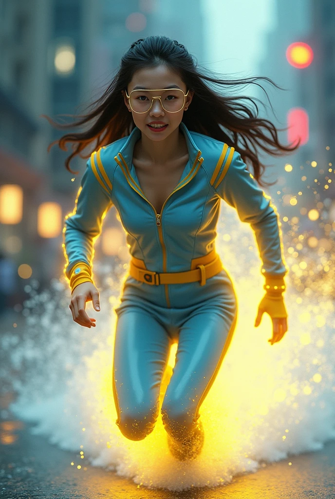 Chinese japan women average wear jumpasuit high tech(( blue yellow)). Running effect. Glowing yellow power. Runfast effect. Wear blue big glasses big frame.running speed of light. running athlete. Braces teeth. Bokeh background. Panning effect. Yellow high tech watch. a beautiful young chinese women, , wearing a high-tech blue and yellow loose jumpsuit,run on water, floating water bubble, photorealistic, detailed facial features, long hair, elegant pose, dynamic lighting. glowing body yellow lightning effect, 8k, award-winning digital art, intricate details, vibrant colors, cinematic composition. very fasr run, highly detailed. light trail effect. speed of light. froze time effect. at the city.run water .shallow water . spash water. the girl run fast floating on water running on water surface.