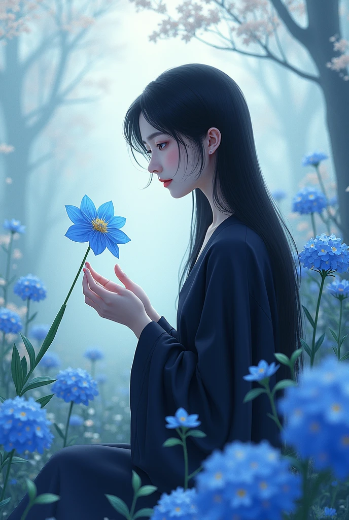 A girl, wearing a black robe. Black hair, Both of his eyes are also jet black.. Holding a blue spider lily flower, looking at the flowers with a gentle smile. There are cherry blossoms around it, Blue Hydrangea, and forget-me-not flowers. Be in a cool place, calm, and peace.