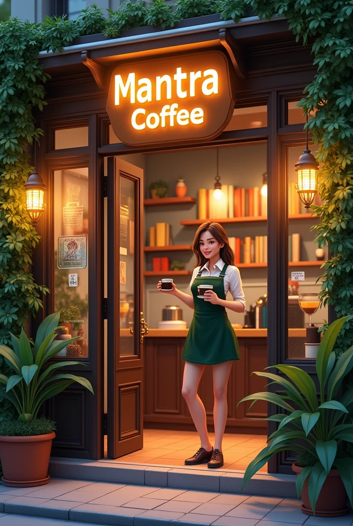 Entrance to a cafe with a sign that says mantra coffee, illuminated, with plants, books, paintings. At the entrance a female Barista with a cup of coffee in her hand and a smile on her face. He addresses the audience with enthusiasm.