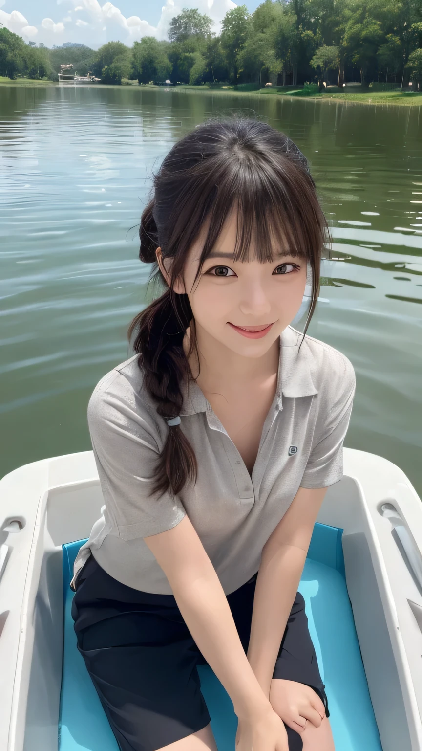 Best image quality (8k, High resolution, masterpiece: 1.2), Very detailed, Random Hairstyles, 26-year-old woman, 

Extraordinary beautiful girl、Cute and beautiful face details、(Dealing with the Children_v1:0.008)、


score_9, score_8_upper, score_7_upper, 

situation: In the middle of a wide lake、A scene of people enjoying fishing on a small boat。She is under the wide blue sky、Checking out the catch with satisfaction。
system: Sit on the side of the boat and operate the fishing rod.、Sometimes I stare at the water。she is relaxed、One foot on the inside of the boat。
Camera angle: A wide-angle shot from a low position、The lake and sky spread out behind her are reflected together.。The reflections on the water create a beautiful background.。
clothing: Wear a short-sleeved polo shirt、Wear light nylon pants。On your feet in sandals、。


,Active stop temporarily ,
On her side、The thunder danced。
Focus on the upper waist


, Random cute poses ,Big eyes ,Puffy eyes ,  Heart pupil, blush  , Big shy smile , salute

　