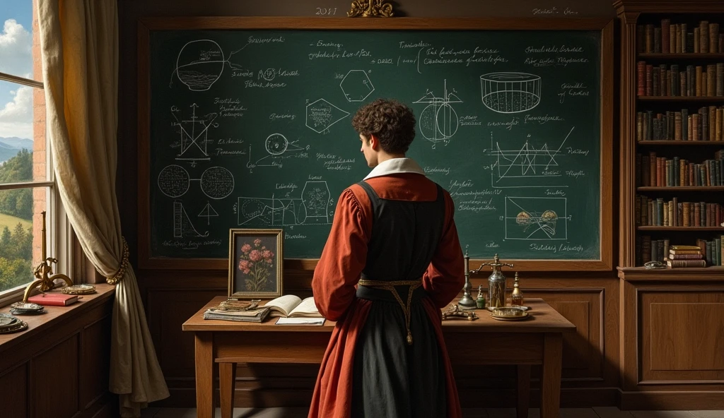 a renaissance style painting of a person standing at a blackboard doing physics