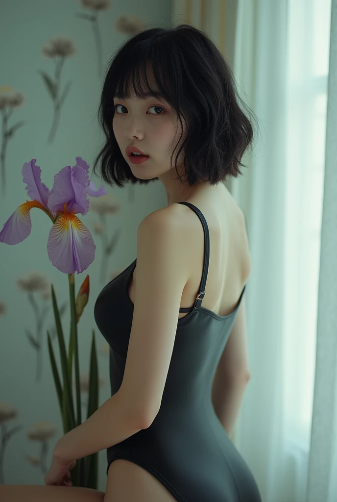 editorial photography,Super detailed background,Surreal,double exposure,Depth of Field,beauty super slender Skinny Korean vibes,soft focus black,narrative scene,Skinny,Super short straight black hairstyle,knee portrait,Lilac eyes,Iris flower,pupil,Lean on stylish room scandinavian wallpaper,wabi-sabi,latex cat suit,mole,open lips,from behind,