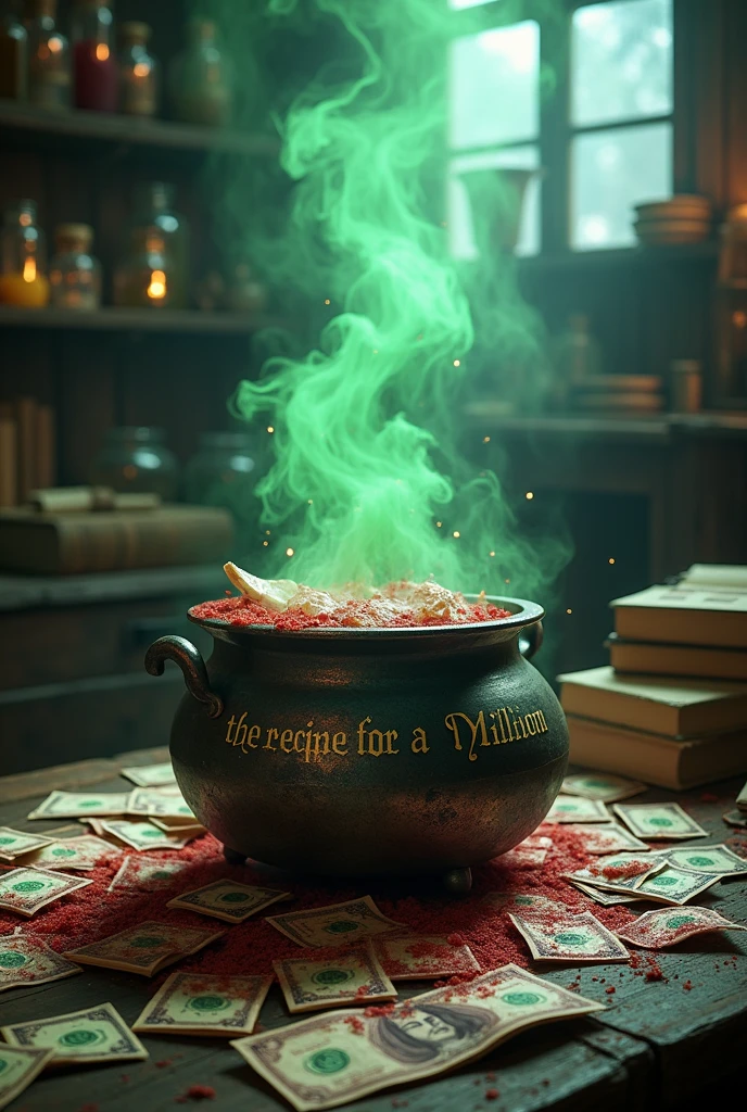 Imagine an aged metal cauldron, placed on a crackling fire in a sorcerer's apprentice laboratory. The cauldron is overflowing with blood-stained bills, which cascade around him. On the surface of the cauldron, The sentence "The recipe for a million" is engraved in a visible and legible manner, giving the cauldron a mysterious aura. Thick green smoke billows from the cauldron, mingling with the other strange objects in the laboratory : potions, open grimoires, and various magical instruments. The whole thing is bathed in a subdued and mysterious light., adding a touch of adventure and darkness to the scene.