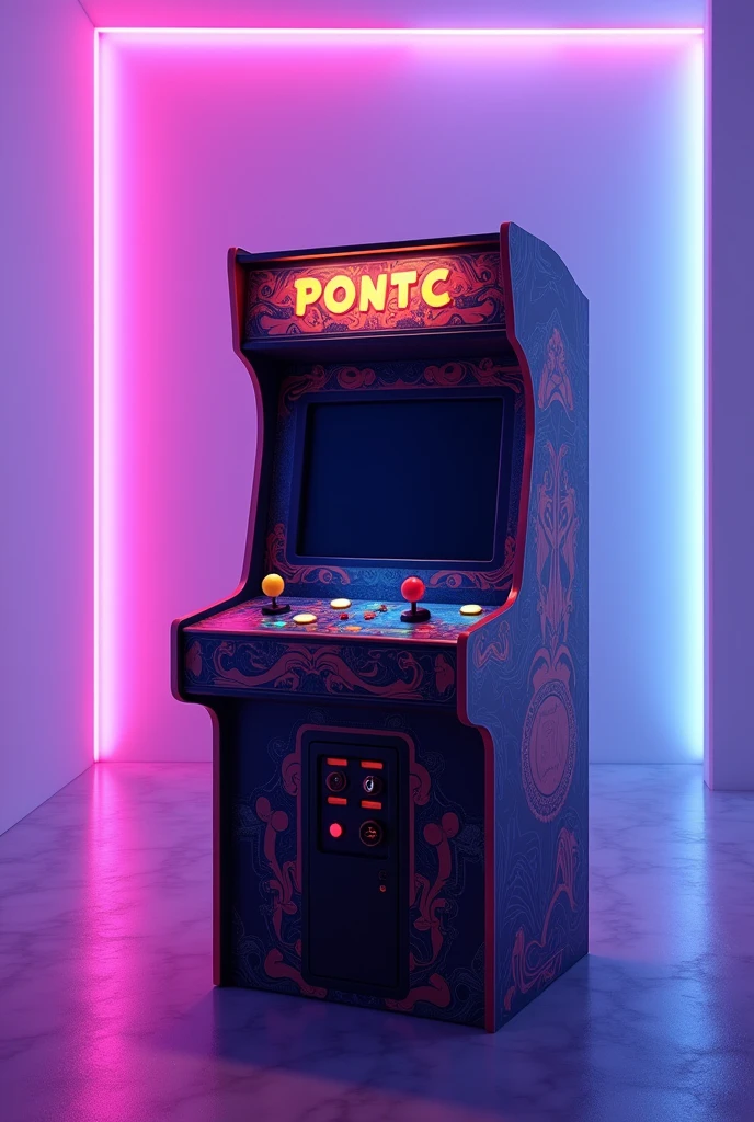 An arcade machine seen from the front, widescreen off, purple background ambient light with white walls 