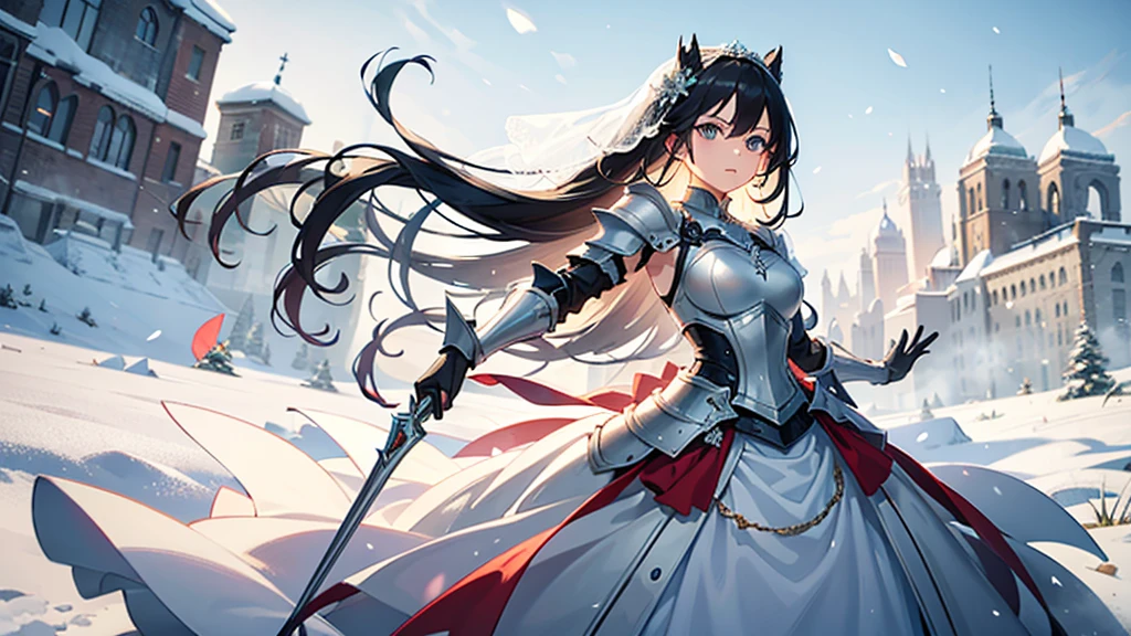 (masterpiece), best quality, expressive eyes, perfect face, A woman standing alone in a snowy field, wearing a short wedding dress and armor, in a proper shooting stance, anime style