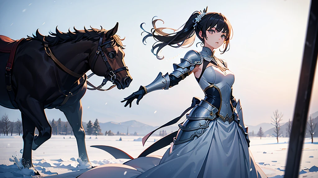 (masterpiece), best quality, expressive eyes, perfect face, A woman standing alone in a snowy field, wearing a short wedding dress and armor, in a proper shooting stance, anime style