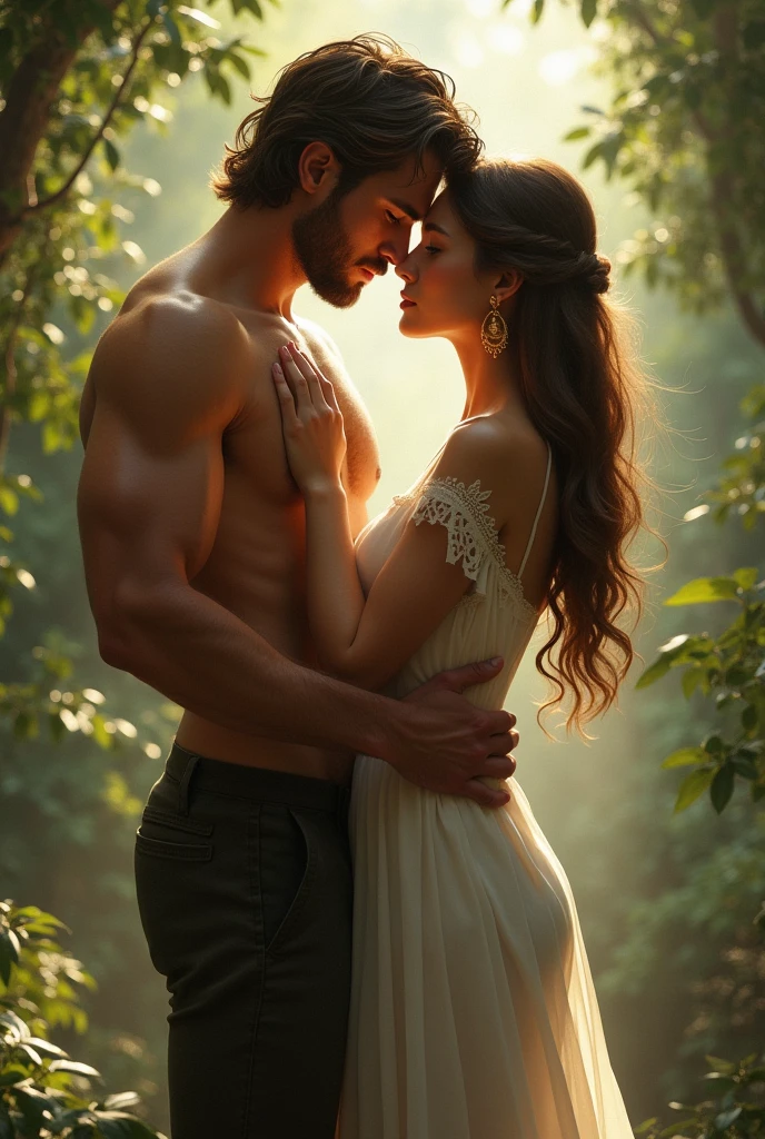fantasy couple, young muscular man blue eyes brown hair wearing a suspenders pants without a shirt, woman black golden hair, whole body
