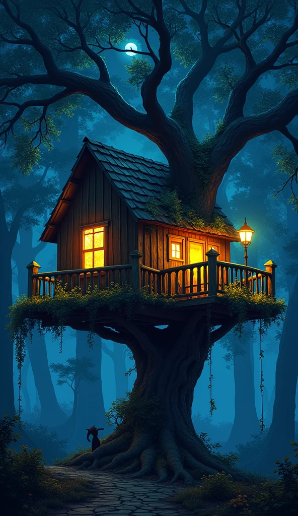 a magical treehouse glowing at night
