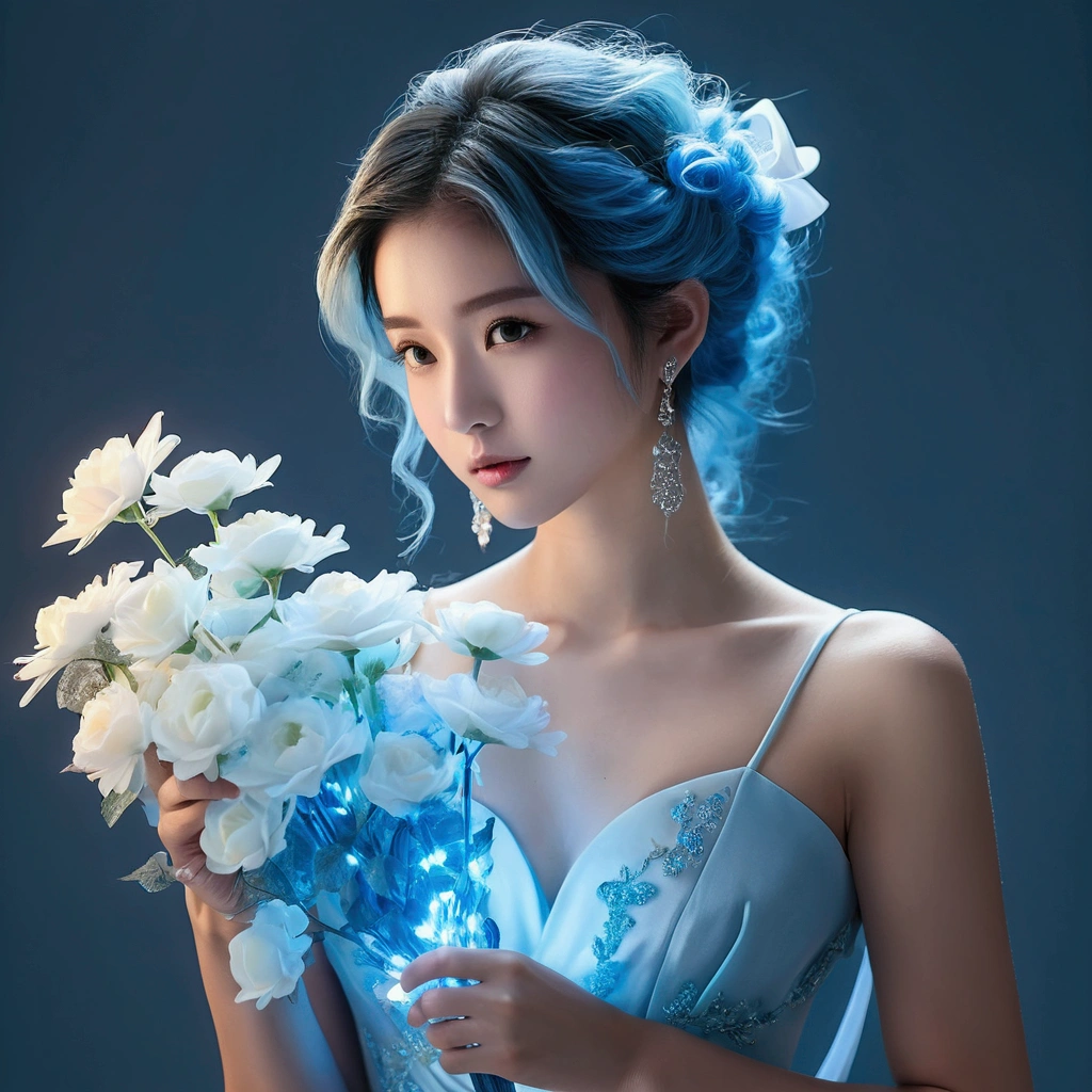((gem_Light elements)), (translucent luminous body_Wearing white poufy blue silk bridesmaid dresses:1.3), (woman made of light blue light: 1.2, Blue long curly hairstyle，Exquisite facial features，light:1.3), (Minimalism: 0.5), (Frontal close-up angle from waist up: 1.3), 4K, high dynamic range, Acid Graphics, Fantasy works, [Detailed and vivid faces: 0.33], (White translucent glowing body and blue hair: 1.3),(Holding blue glowing bouquet),Beautiful girl with silhouette lines and glow, Understated elegance revealed.. Steady、dignified atmosphere，Gives a subtle sense of luxury... Gray smooth texture, fashionable pose, fluorescent, glow tattoo, 生物glow tattoo, glow pattern.