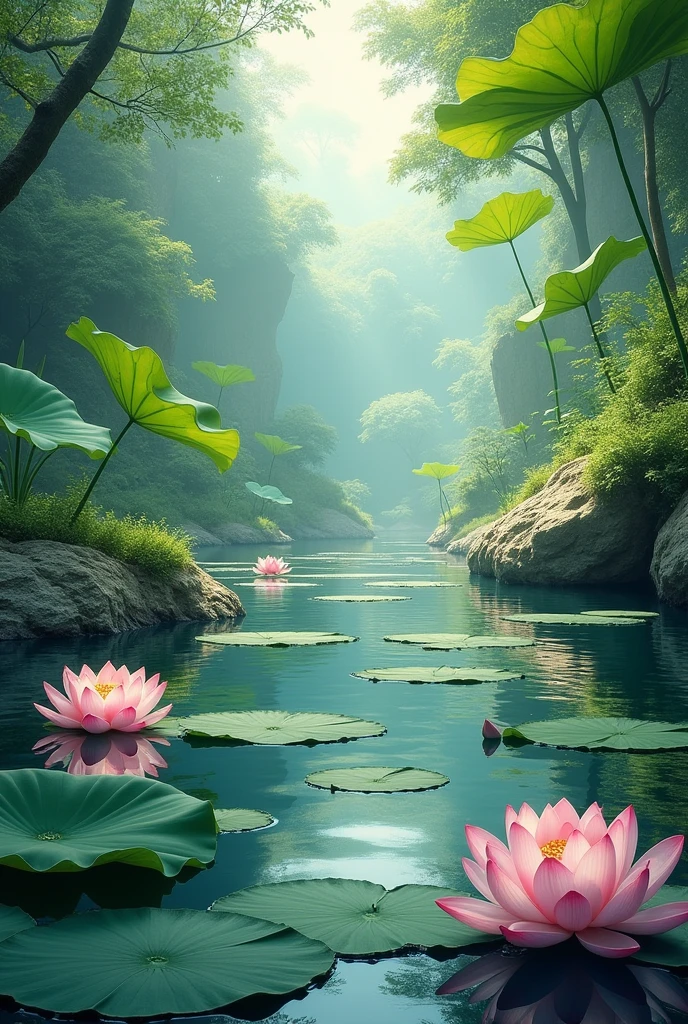 Long Lotus pond with edge of rocks