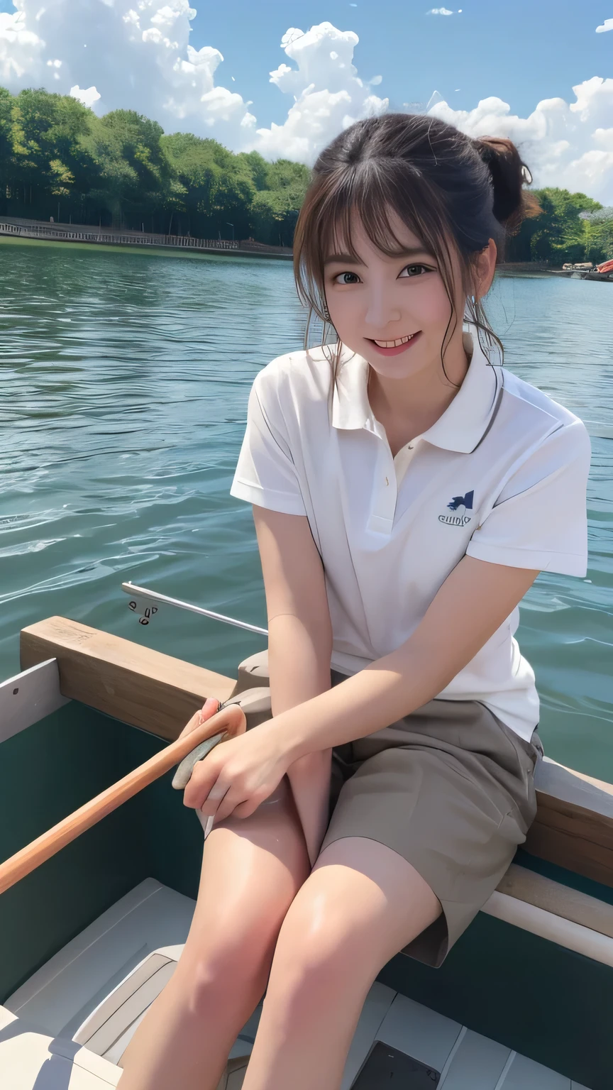 Best image quality (8k, High resolution, masterpiece: 1.2), Very detailed, Random Hairstyles, 26-year-old woman,
Extraordinary beautiful girl、Cute and beautiful face details、(Dealing with the Children_v1:0.008)、
score_9, score_8_upper, score_7_upper,
situation: In the middle of a wide lake、A scene of people enjoying fishing on a small boat。She is under the wide blue sky、Checking out the catch with satisfaction。
system: Sit on the side of the boat and operate the fishing rod.、Sometimes I stare at the water。she is relaxed、One foot on the inside of the boat。
Camera angle: A wide-angle shot from a low position、The lake and sky spread out behind her are reflected together.。The reflections on the water create a beautiful background.。
clothing: Wear a short-sleeved polo shirt、Wear light nylon pants。On your feet in sandals、。
,Active stop temporarily ,
On her side、The thunder danced。
Focus on the upper waist
, Random cute poses ,Big eyes ,Puffy eyes , Heart pupil, blush , Big shy smile , salute