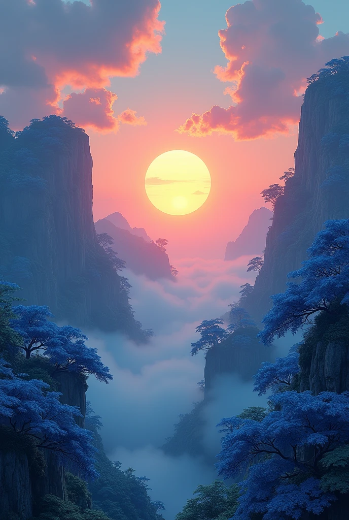 (photorealism:1.2)beautiful sunset surrounded by floating mountains and trees with blue leaf, sky having clouds, mood of the scene is blue