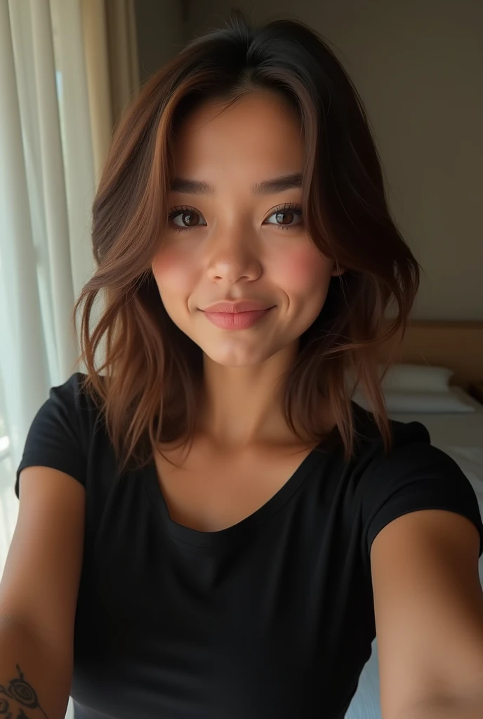 Realistic photography, ultra detailed d'une fille belle et sexy, selfie dans une chambre, porter un t-shirt noir, enjoy, Fille, summer, fille chaude, (((medium bust))), brown-hair, regarde la caméra, symmetrical face and front view, Photorealistic, Photo, Spectacular lighting,, splendid, vest, (head of'artwork), best quality, high resolution, extremely detailed, skin with pores, Blurred background, depth of field, Cinematic lighting