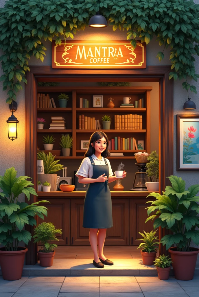 Entrance to a cafe with a sign that says mantra coffee, illuminated, with plants, books, paintings. At the entrance a female Barista with a cup of coffee in her hand and a smile on her face. He addresses the audience with enthusiasm.