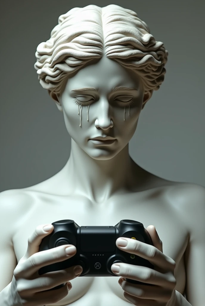 A realistic, photographic representation of a weeping-faced Greek deity holding an Xbox Series controller.