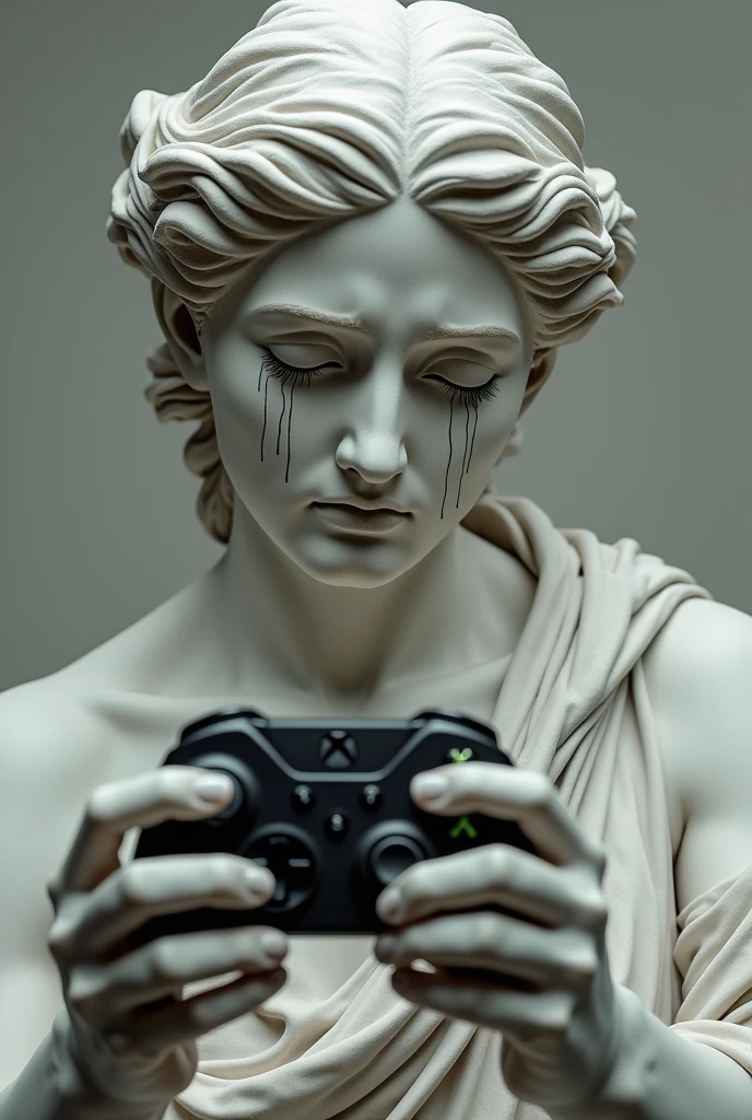 A realistic, photographic representation of a weeping-faced Greek deity holding an Xbox Series controller.