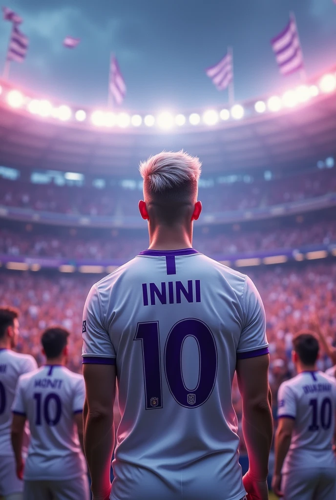 create an image with these characteristics Main Character:
The player, with light skin, is turned away and in a prominent position, exuding confidence and presence. His upward gaze suggests he is connecting with the crowd or absorbing the stadium atmosphere..
Your platinum hair with gradient, stylized and modern, adds personality to the player, indicating that he cares about his appearance.
The shirt he wears is white, Simpler, mas com detalhes purples na gola, which brings a touch of color to the look. The number 10, Big and clear, is a symbol of importance in the team, it's the name "inini" just above reinforces your identity and recognition.
fund:
The stands in the background are full of fans, everyone in tune with the team, wearing white shirts with a "in" purple, creating a visual unity that amplifies the feeling of collective support.
The scene is full of life, with flags waving, applause and gestures of support coming from the crowd. Stadium lights intensify the atmosphere, Adding a dramatic twist to the setting.
atmosphere:
The image captures the emotional intensity of the moment, com cores contrastantes como o branco e purple, that highlight the importance of the occasion. The player's posture, combined with the vibrant energy of the crowd, composes a powerful image, conveying the passion and adrenaline of a crucial moment in a football match. (the player must be in the center of the field as if he were being presented as a standout player to the club and admiring the fans)