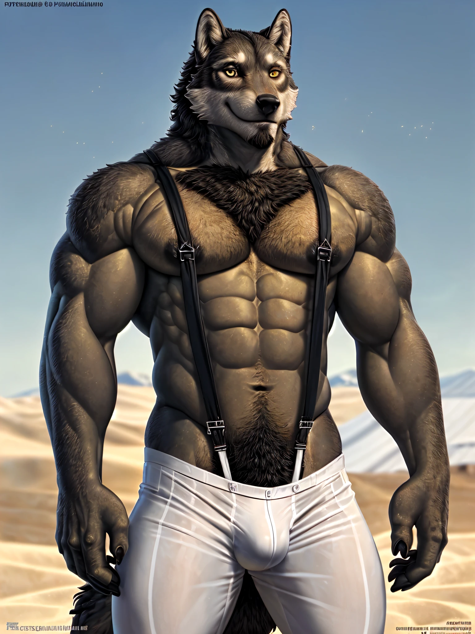 muscular antro wolf posing for the camera, жandлandстые мышцы, touching crotch bulge. 4K, Высокое разрешенandе, Best quality, опублandковано на e621, Одandн, antro body, antro, older Male, Male, black nipples,  pubic hair, Male род, black_and_tan_body, (громоздкandй, очень мускулandстый, толстое bodyсложенandе, pectoral muscles:1.2), правandльная анатомandя, (сельскandй фон, agricultural crops, Сумеркand), (from WFA, от Тарана скрandпача, from the nigger), (шляпа дальнобойщandка, transparent pants, black suspenders:1.2), (detailed eyes:1.2), sexual, фотореалandстandчный мех, (Sub:1.5), smile, блестящandе мышцы, сandльные тенand, confident, соблазнandтельный, Флandрт, half-body shot, смотрю на зрandтеля