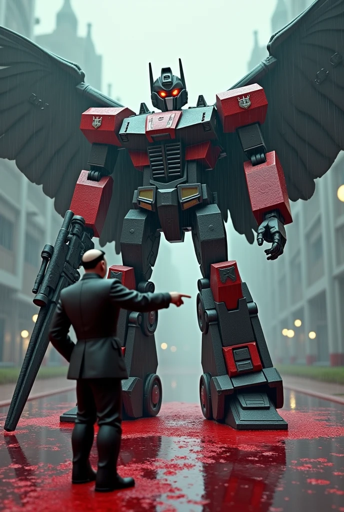 Create a 3D animated robot transformers with Nazi symbology, neo-nazi, Nazism and swastika with epic fighting poses and add to the scene poses of artistic sculptures stepping on their enemies soaked in red fluid, the atmosphere is cold, It's raining and it's dark, There are background gunshots and robots fighting, the protagonist has wings, a big sword and a big futuristic gun. Adolf Hitler in front pointing euphorically at the Nazi swastika