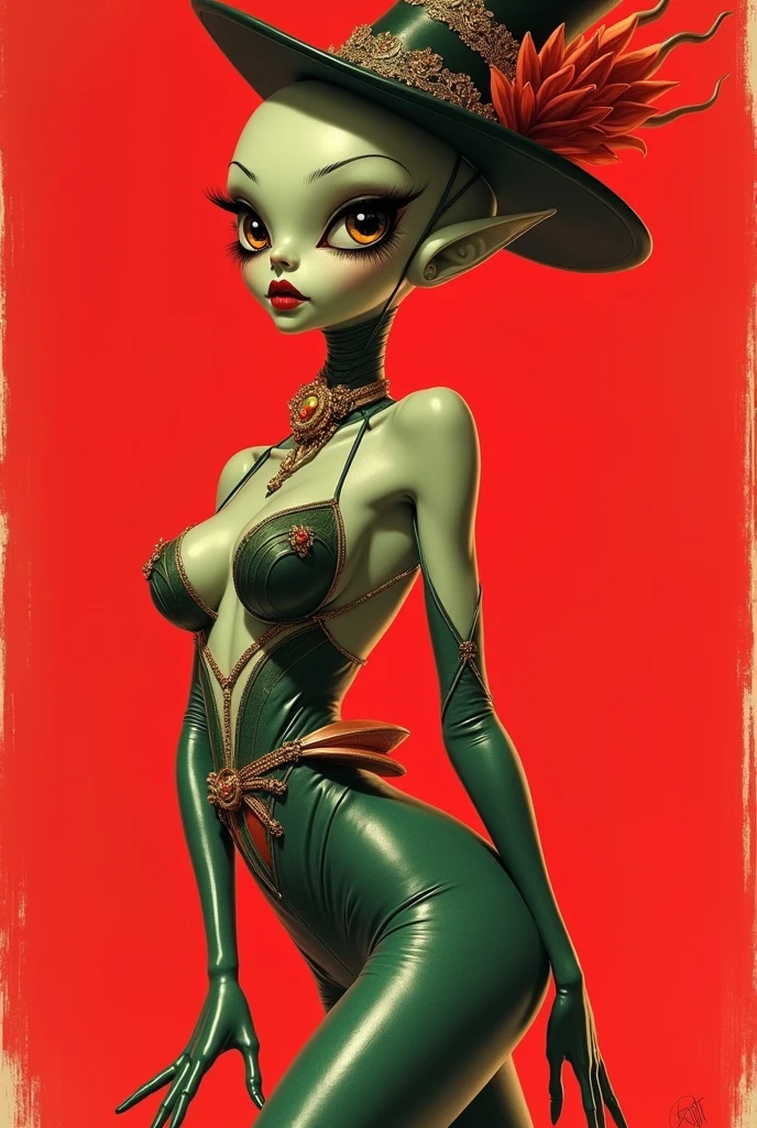 Old cartoon, Retro illustration, comic, of an alien pinup dressed in fancy clothes, hat, on a red background,