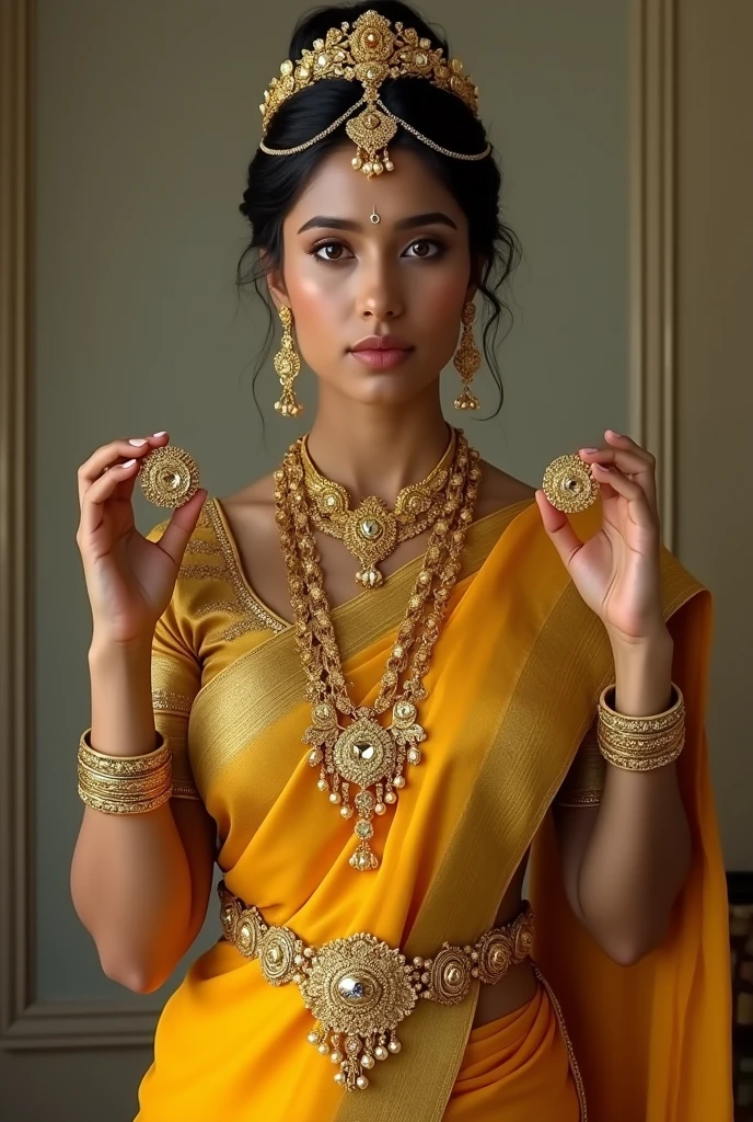 An Indian woman in a yellow saree wearing gold jewelery and wearing a crown, holding two gold rings, her hands half raised to her shoulders.